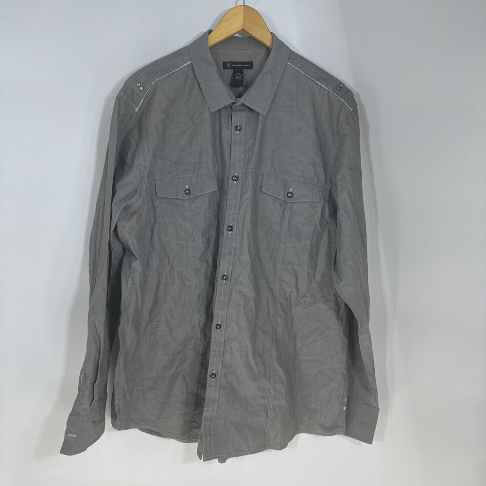 INC International Concepts Mens XXL Gray Cotton Button Down Shirt Epaulets